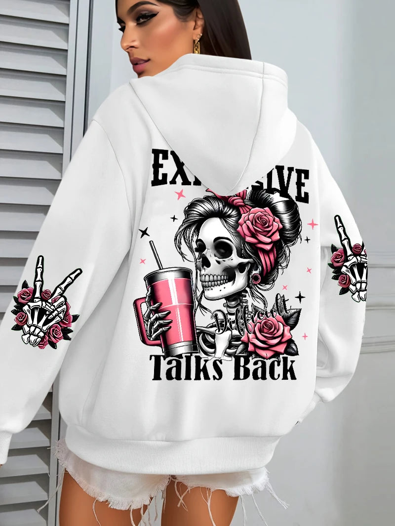 Expensive Talks Back Women's Funny Print Hoodie - Vintage Casual Pullover for Autumn/Winter Comfort