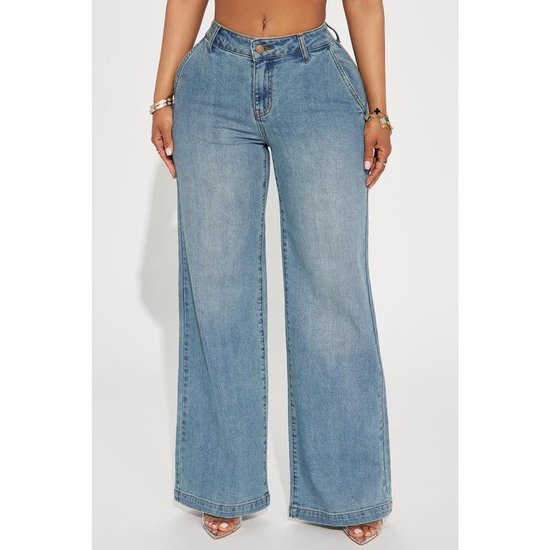 Elevate Your Style with Our Medium Wash Drop Waist Jeans - Perfect for Any Occasion!