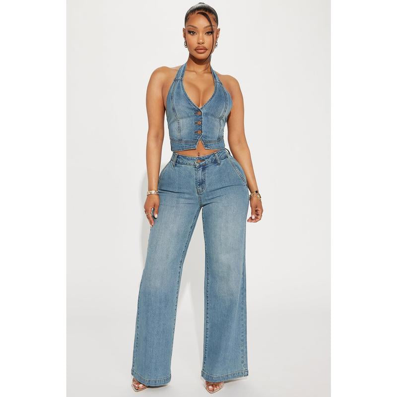 Elevate Your Style with Our Medium Wash Drop Waist Jeans - Perfect for Any Occasion!